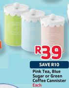 Pink Tea, Blue Sugar Or Green Coffee Cannister-Each