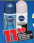 Nivea Anti-Perspirant Roll-On For Ladies/Men Assorted-50ml Each