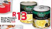 Rhodes Pineapple Rings, Places Or Crush-440g Each
