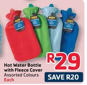 Hot Water Bottle With Fleece Cover Assorted Colours Each