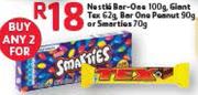 Nestle Bar-One 100g,Giant Tex 62g,Bar One Peanut 90g Or Smarties 70g-Any 2