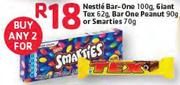 Nestle Bar-One 2x100gm, Giant Tex 2x62gm, Bar One Peanut 2x90gm Or Smarties 2x70gm-Each