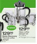 Glass Coffee Plunger Set & 4 x Mugs-5 Piece