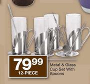 Metel & Glass Cup Set With Spoons-12 Piece