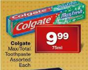 Colgate Max/Total Toothpaste Assorted-75ml Each