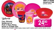 Disney Cars,Princess,Spiderman Or Poach 4 Piece Plates,Bowls Or Tumbler Sets-Per Set