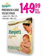Pampers Premium Care Value Pack Junior-44's/Max-52's/Midi-60's/Mini-72's Per Pack