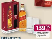 Johnie Walker Red Label Whisky and 2 Glasses Pack 750ml - Each