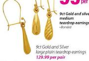 9ct Gold And Silver Large Plain Teardrop Earring Banded-Per Pair
