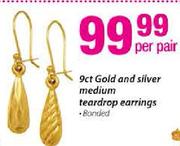 9ct Gold And Silver Medium Teardrop Earring Banded-Per Pair