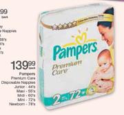 Pampers Premium Care Disposable Nappies Junior-44's/Maxi-55's/Midi-60's/Mini-72's/Newborn-78's Each