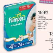 Pampers Active Baby Disposable Nappies Glant Pack Junior 5-68's/Maxi+ -74's Each