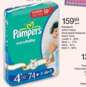 Pampers Active Baby Disposable Nappies Glant Pack Maxi-82's/Midi 3-96's Each
