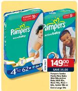 Pampers Jumbo Packs Baby Mini-94's/Active Baby Midi-82's/Maxi-70's+62's/Junior-58's/Extra Large-54's