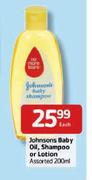 Johnson's Baby Oil, Shampoo Or Lotion Assorted-200ml Each