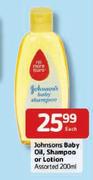 Johnsons  Baby Oil, Shampoo Or Lotion Assorted-200ml Each
