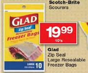 Glad Zip Seal Large Resealable Freezer Bags-10's