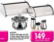 Accent 3 Piece Storage Jar Set,7 Piece Spice Rack Set Or Stainless Steel Bread Bin-Per Set