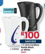 1.7 Litre Cordless Kettle Black Or White-2200W Each
