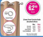Steel Curtain Rods (Brushed Silver) 25mm-2m Rod
