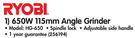 Ryobi 650W 115mm Angle Grinder HG-650