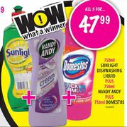750ml Sunlight Dishwashing Liquid Plus 750ml Handy Andy Plus 750ml Domestos Assorted 