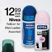 Nivea Roll-On For Men/Ladies Assorted-50ml Each 