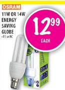 Osram 11W Or 14W Energy Saving Globe-Each