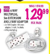 Simple Choice 6 Way Multiplug, 5m Extension Cord And 2 Way Adaptor-Per Pack