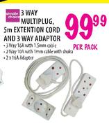 Simple Choice 3 Way Multiplug, 5m Extension Cord And 3 Way Adaptor-Per Pack