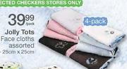 Jolly Tots Face Cloths Assorted-(4 Pack)25cm x 25cm