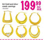 9ct Gold & Silver Creole Earrings- Per Pair