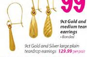 9ct Gold & Silver Large Plain Teardrop Earrings-Per Pair