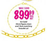 9ct Gold 50cm Figaro Chain & 19cm Matching Bracelet Set-Per Set 