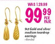 9ct Gold & Silver Medium Teardrop Earrings-Per Pair