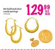 9ct Gold & Silver Creole Earrings-Per Pair