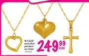9ct Gold & Silver Pendants On Chain-Each