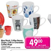 Blue Floral,Coffee Beans,Chairs,Cafe or Chandelier Coffee Mugs-Per 4 Pack