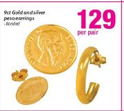 9Ct Gold And Silver Peso Earrings-Per Pair
