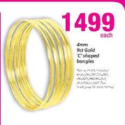 4mm 9Ct Gold 'C' Shaped Bangles-Each