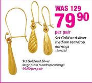 9Ct Gold And Silver Medium Teardrop Earrings-Per Pair