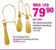 9Ct Gold And Silver Large Plain Teardrop Earrings-Per Pair