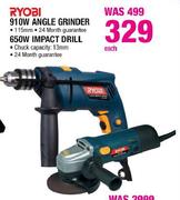 Ryobi 910W Angle Grinder Set/650W Impact Drill-Each