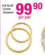 9ct Gold 12mm Sleepers-Per Pair