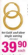 9ct Gold & Silver Single Earring Bonded-Each