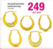 9ct Gold & Silver Creole Earrings Bonded-Per Pair