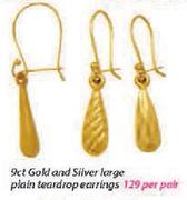 9ct Gold & Silver Large Plain Teardrop Earrings-Per Pair