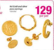 9ct Gold & Silver Peso Earrings Bonded-Per Pair