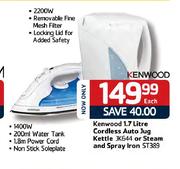Kenwood 1.7L Cordless Auto Jug Kettle (JK644) Or Steam & Spray Iron (ST389)-Each