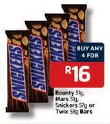 Bounty-51gm, Mars-51gm, Snickers-57gm or Twix-58gm Bars-4's